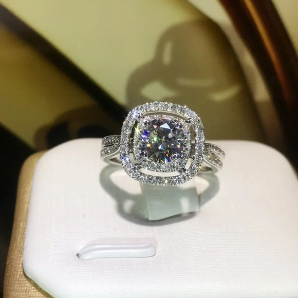 ▶Round Zircon Double Layer Square Classic Engagement Ring for Women, L199 - Picture 8 of 8